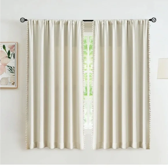 Elegant Cream Curtains with Pom-Pom Trim - Picture 2 of 8